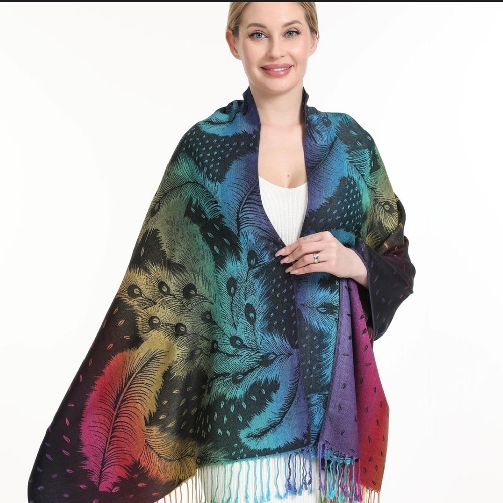 Peacock Feather Rainbow Pashmina Shawl Wrap Scarf Fringe Size OS
